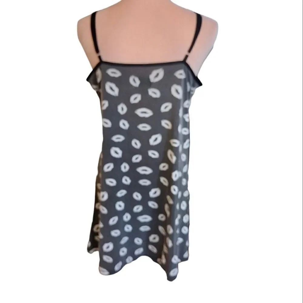Y2K Black White Lips Printed Lace Trimmed Chemise Mini Slip Dress Large - Picture 8 of 11